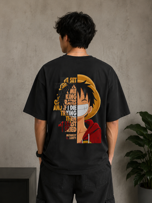 One Piece Monkey D. Luffy Oversized T-Shirt | Black Straw Hat Pirate Logo Anime Tee
