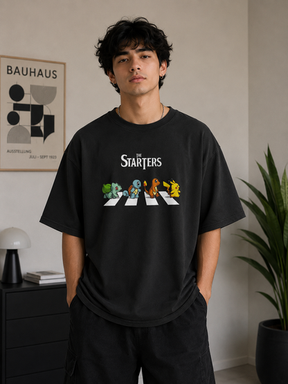 Pokémon Gen 1 Kanto Starters Oversized T-Shirt | Black Pikachu Charmander Squirtle Bulbasaur Tee