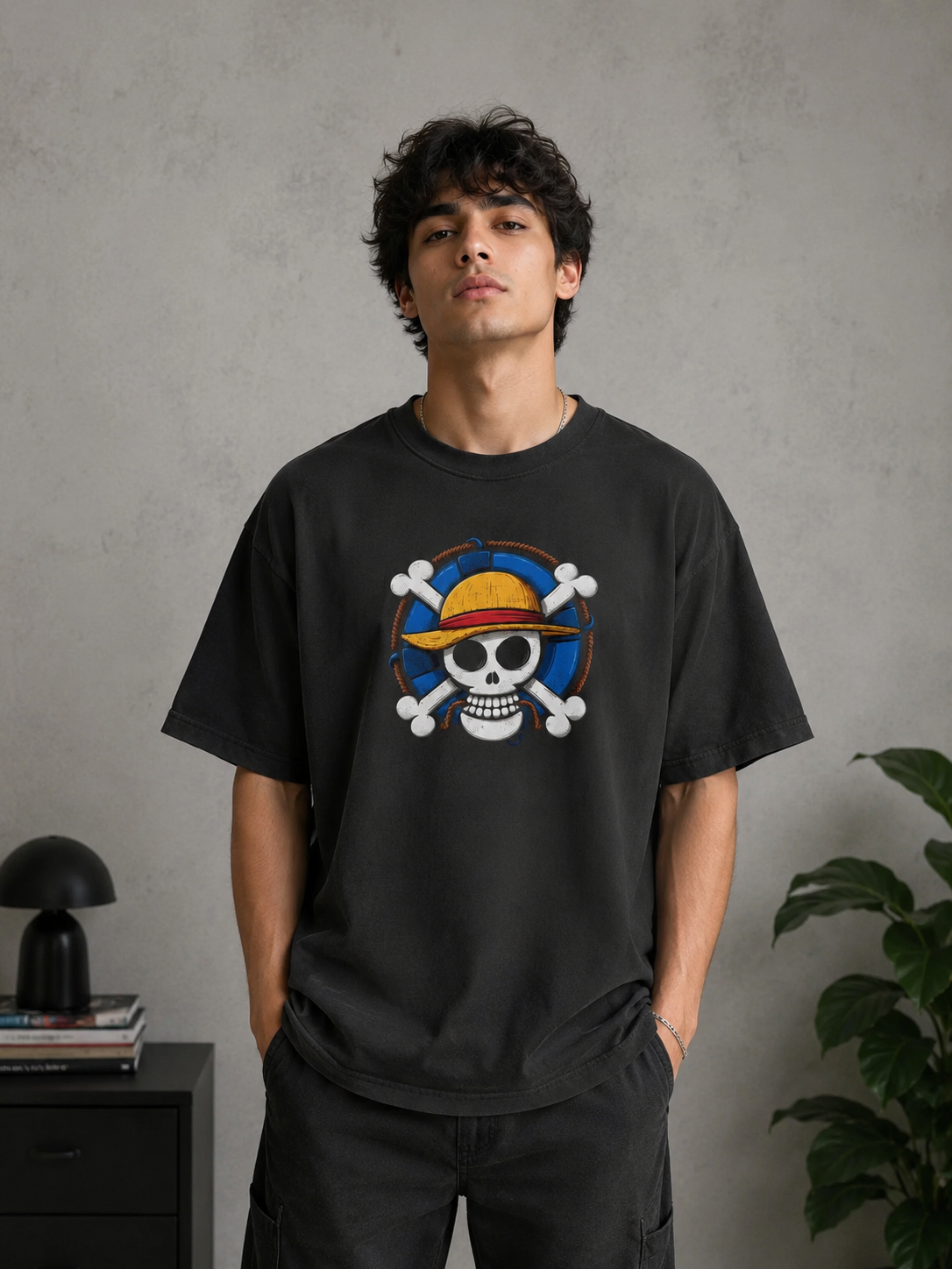 One Piece Monkey D. Luffy Oversized T-Shirt | Black Straw Hat Pirate Logo Anime Tee