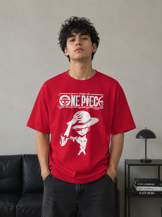 One Piece Monkey D. Luffy Oversized T-Shirt | Red Graphic Anime Typography Tee