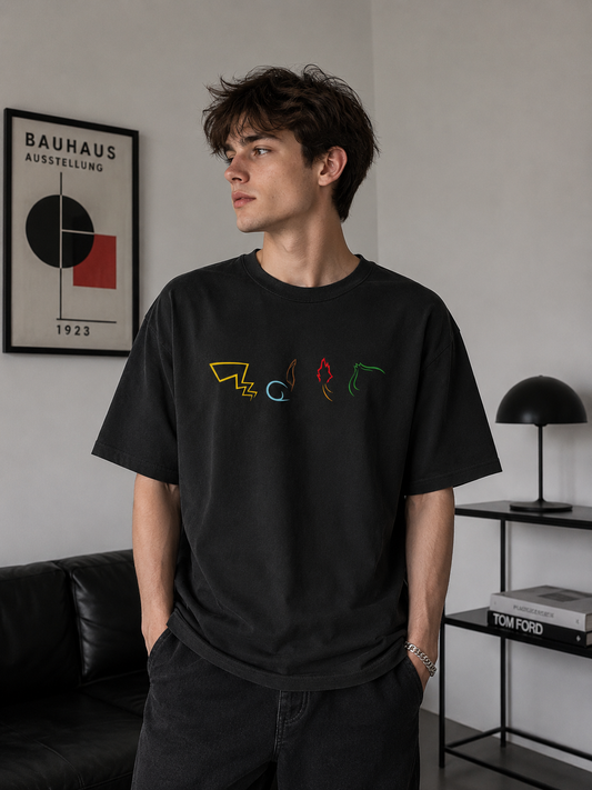 Pokémon Gen 1 Kanto Starters Oversized T-Shirt | Black Pikachu Charmander Squirtle Bulbasaur Tee