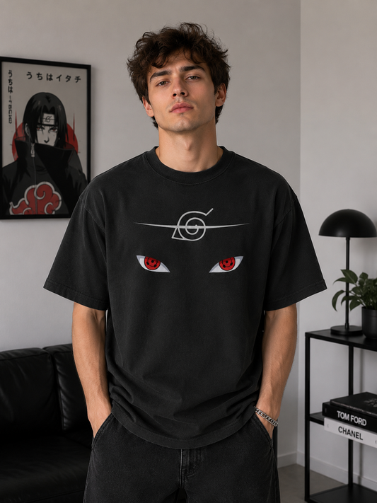 Naruto Itachi Uchiha Slashed Leaf Oversized T-Shirt | Black All Sharingan Eyes Graphic Tee