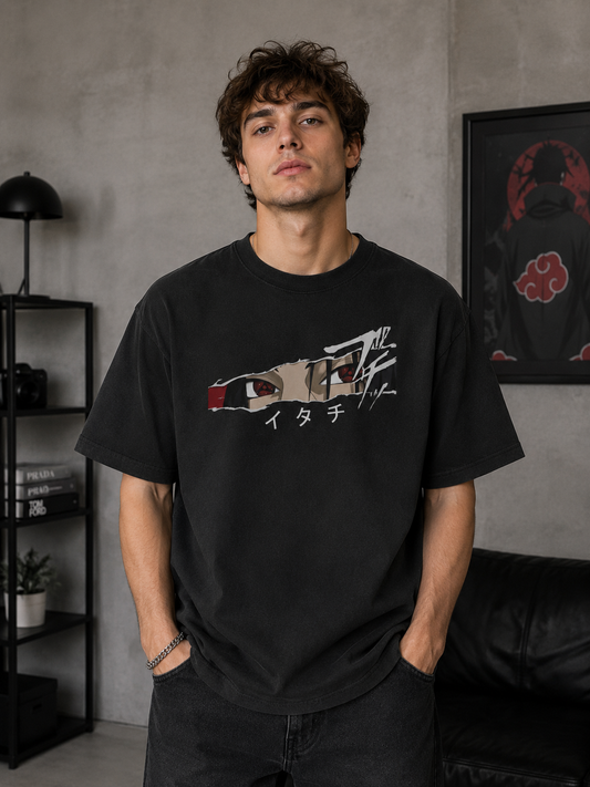 Naruto Itachi Uchiha Oversized T-Shirt | Black Akatsuki Sharingan Eyes Box Tee