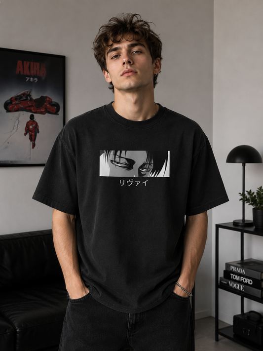 Attack on Titan Levi Ackerman Oversized T-Shirt | Black Scout Regiment Anime Eye Box Tee