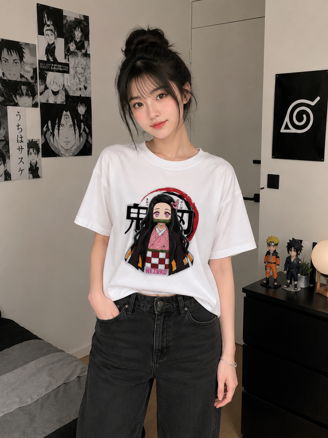 Demon Slayer Nezuko Kamado Oversized T-Shirt for Women | White Pink Graphic Anime Tee