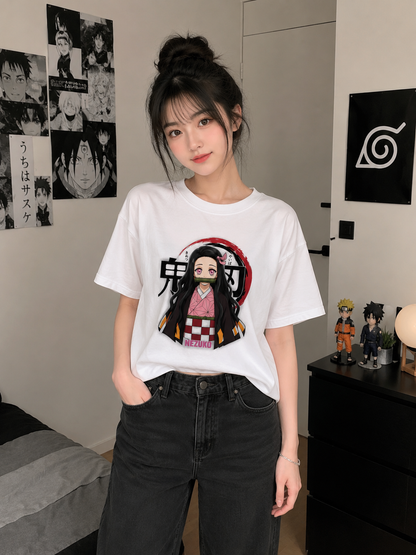 Demon Slayer Nezuko Kamado Oversized T-Shirt for Women | White Pink Graphic Anime Tee