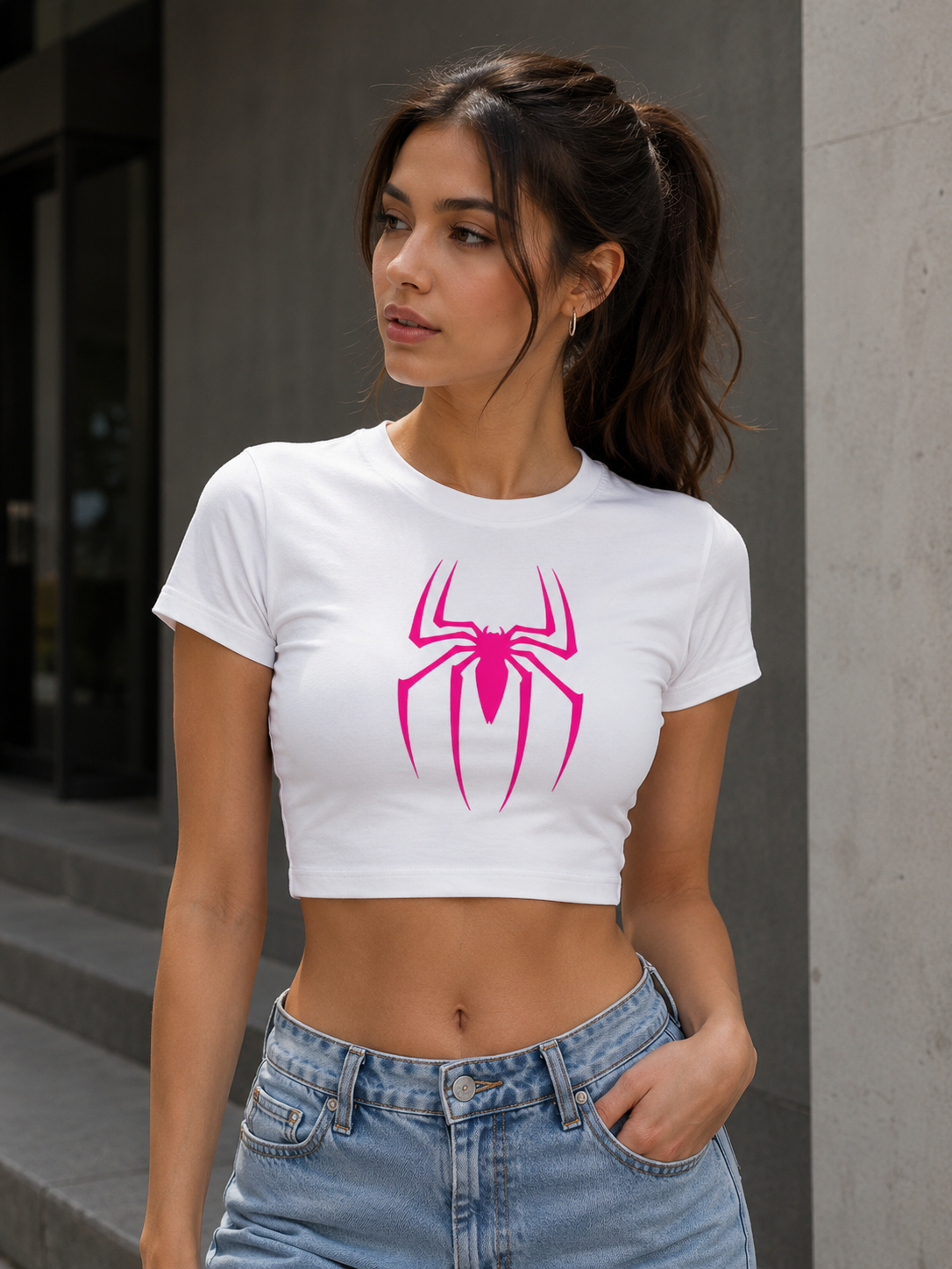 Marvel Spider-Man Logo Women's White Crop Top | Pink Spider Graphic Baby Tee