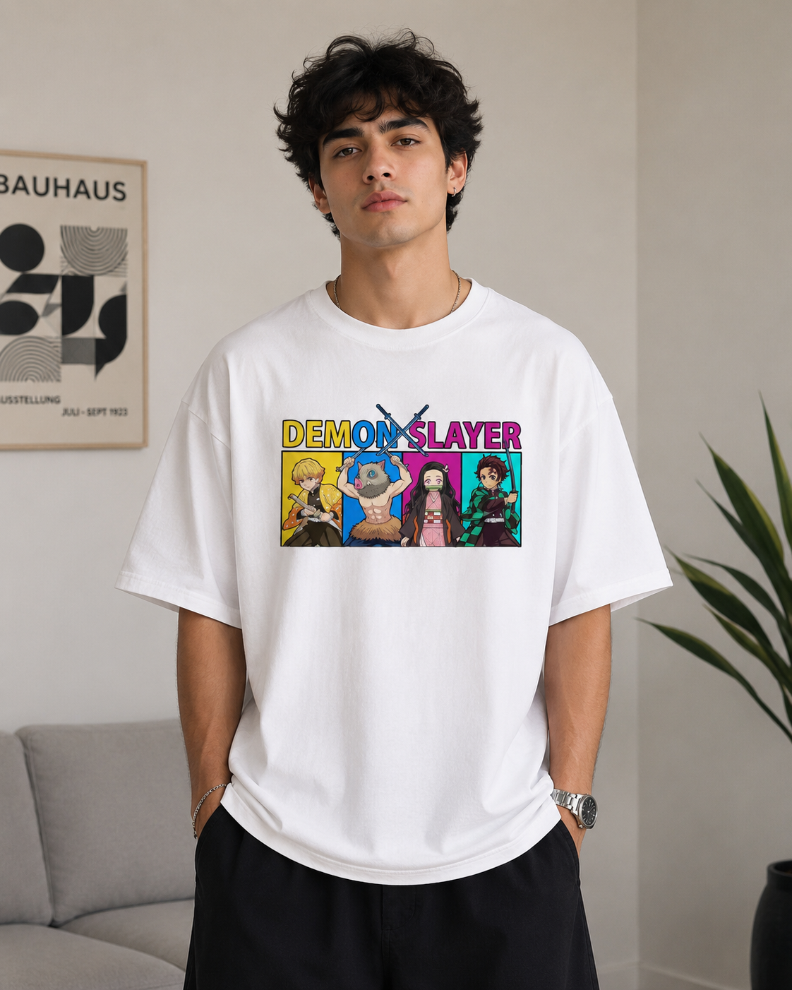 Demon Slayer Core Four Oversized Graphic T-Shirt | White Drop Shoulder Anime Tee