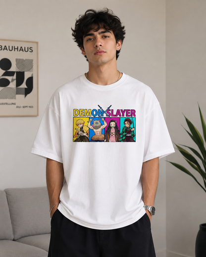 Demon Slayer Core Four Oversized Graphic T-Shirt | White Drop Shoulder Anime Tee