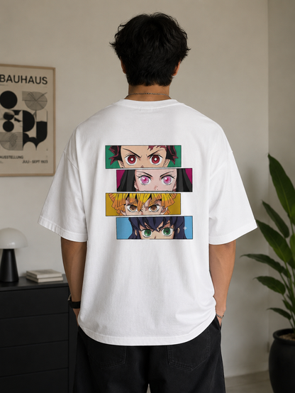Demon Slayer Core Four Oversized Graphic T-Shirt | White Drop Shoulder Anime Tee