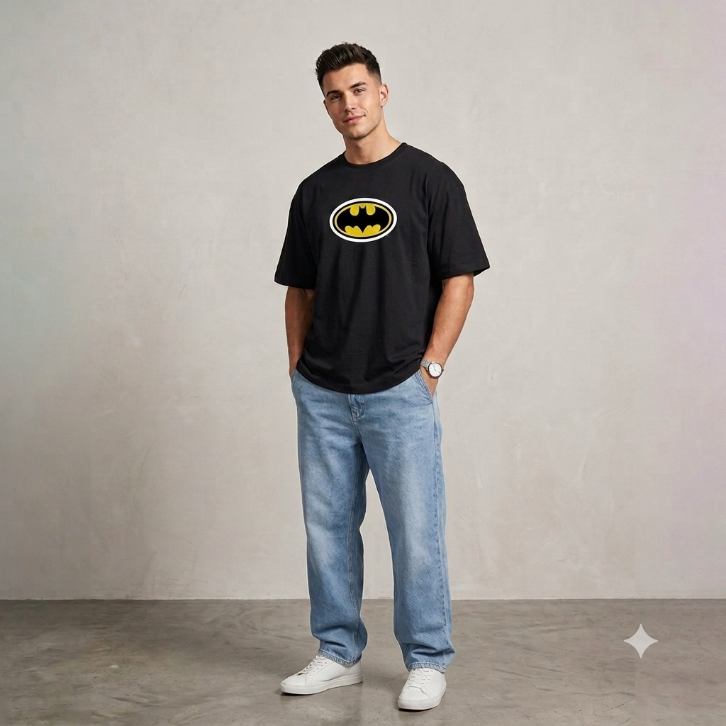 DC Comics Batman Logo Oversized T-Shirt | Black Dark Knight Back Graphic Graphic Tee