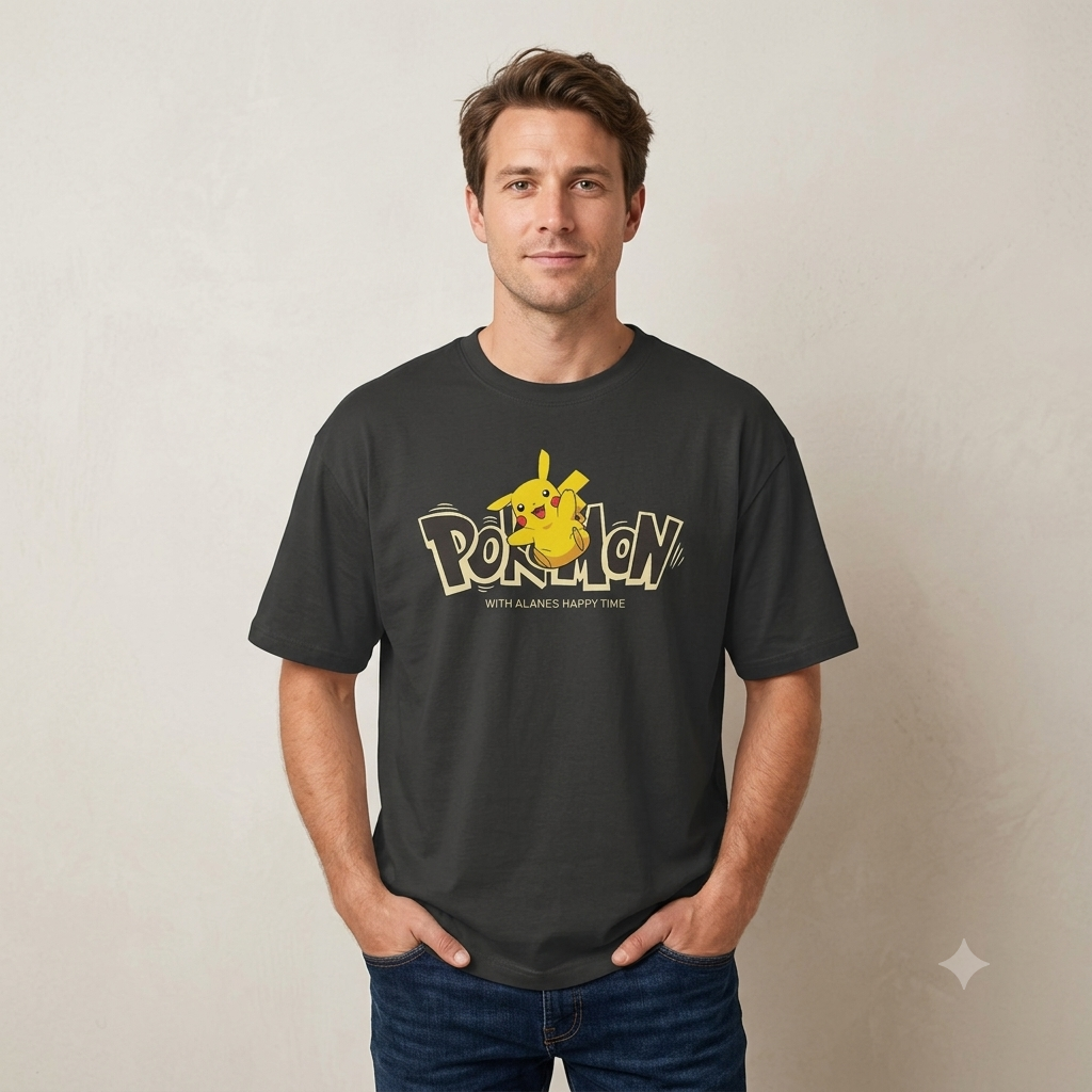 Pokémon Pikachu Oversized T-Shirt for Men | Black Graphic Anime Lightning Tee