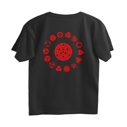Naruto Itachi Uchiha Slashed Leaf Oversized T-Shirt | Black All Sharingan Eyes Graphic Tee